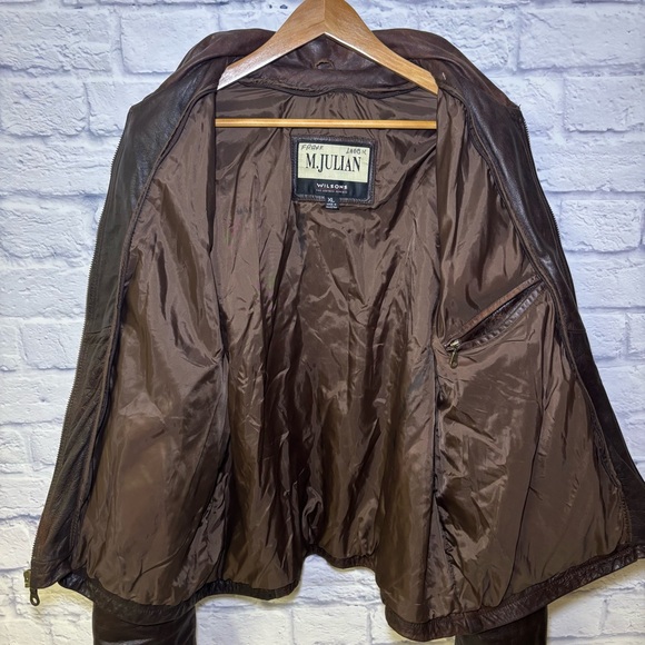 Vintage M. Julian Wilson Heavy Leather Bomber Jacket Dark Brown Distressed XL - Picture 13 of 16